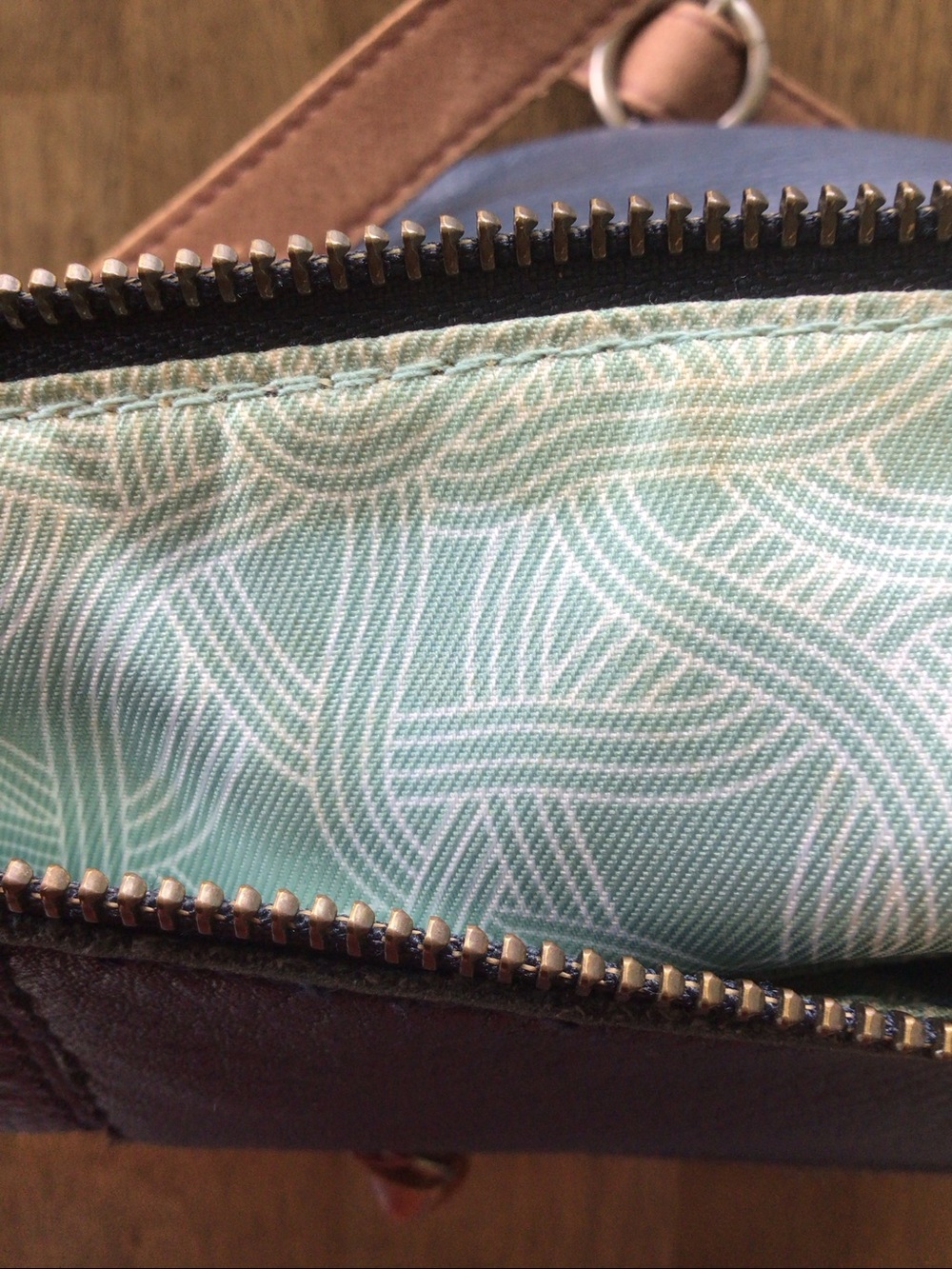 The Sak Navy Leather Shoulder Bag with Tan Trim and Strap - Picture 10 of 11